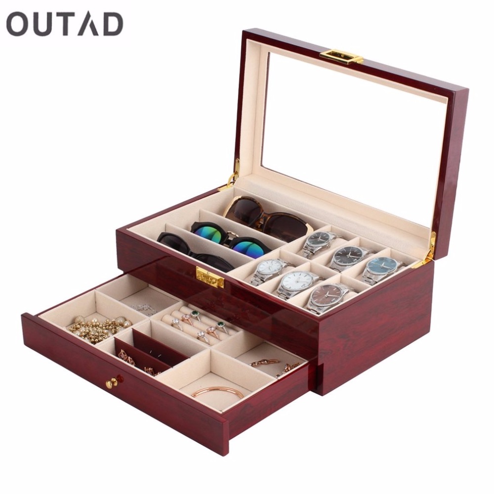 

OUTAD Casket Wood Watch Box Double Layers Suede Inside Paint Outside Jewelry Storage Watch Display Slot Case Container Organizer