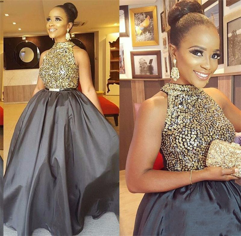 

2018 African High Neck Gray Long Prom Dresses Sequined Beaded Top Taffeta Black Girl Evening Party Formal Dress Groom Mother's Wear, Ivory