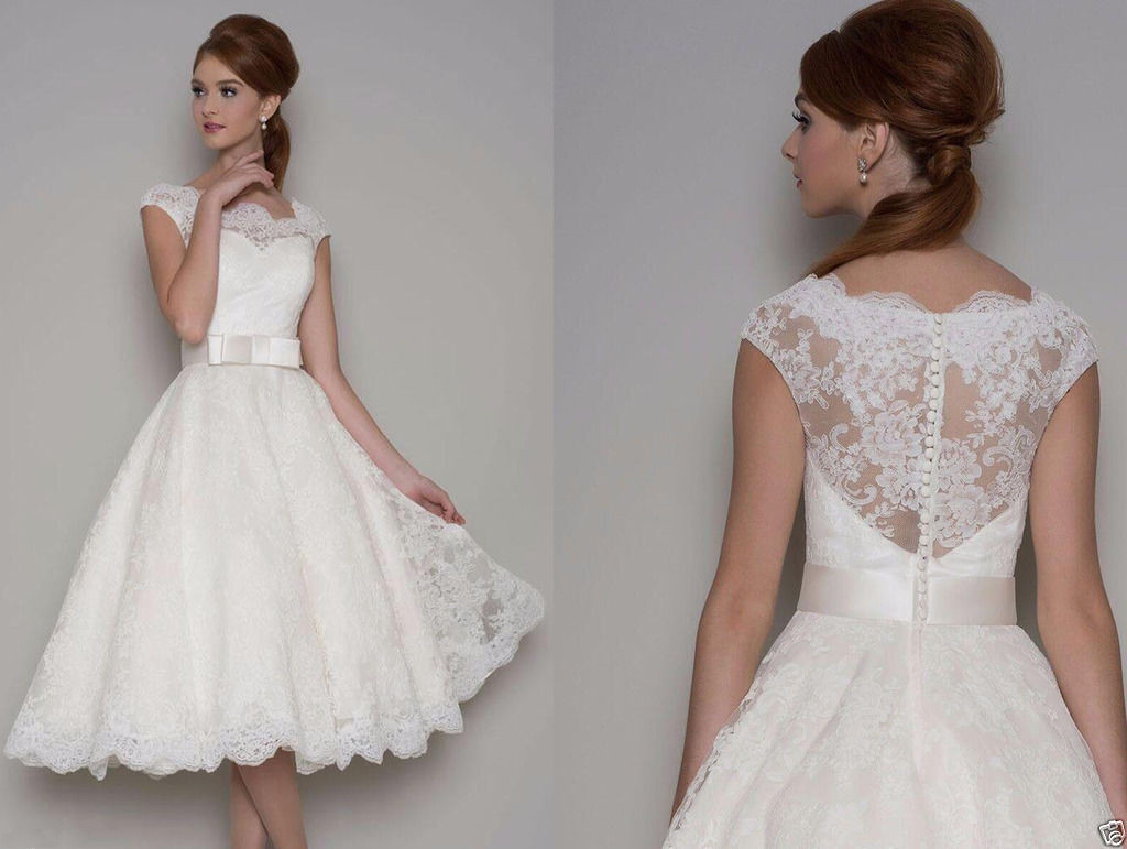 

50s Retro Short Wedding Dresses Cap Sleeve Scalloped Neck Bow Belt Lace Vintage Tea Length Bridal Gowns Custom Size, Champagne