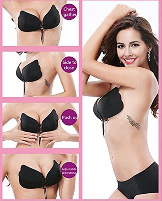

Ladies Women Push Up Bra Invisible Free Stick On Self Adhesive Front Bandage Lacing Bras Backless Strapless, Black