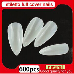 

Wholesale New salon DIY natural acrylic nail tips full cover false stiletto nails 500 pcs+100 pcs fake nail
