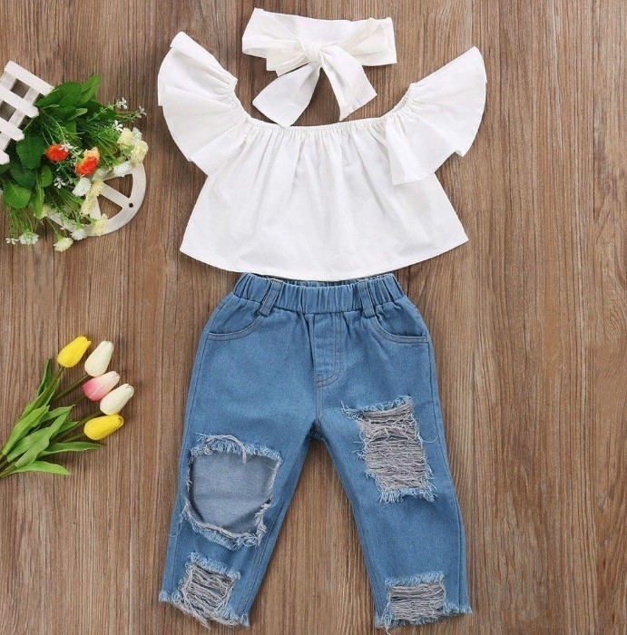 Grosshandel Neue 3 Stucke Set Nette Baby Madchen Mode Kinder Madchen Kleidung Schulterfrei Crop Tops Weiss Loch Jeanshose Jean Stirnband 3 Stucke Kleinkind Set Von Wangfa 10 11 Auf De Dhgate Com Dhgate