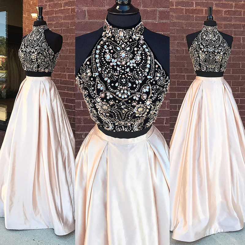 Two Piece Champagne Prom Dresses 2018 Vestido de Baile Graduacion Gala Beads Long Evening Gowns Open Back Galajurken MP045