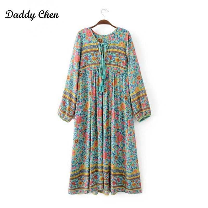 

Summer Boho maxi Women Dress floral Print Bohemian loose V Neck Long sleeve Dresses plus large size Sundress femme 2018, As picture