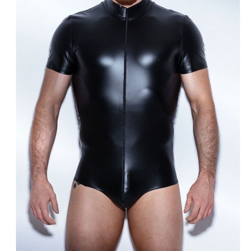 

Men's Leather Bodysuit Latex Catsuit Men Faux Leather Crotchless Gay Men's Clothing Body Suit Sexy Lingerie One Piece Underwear, Black