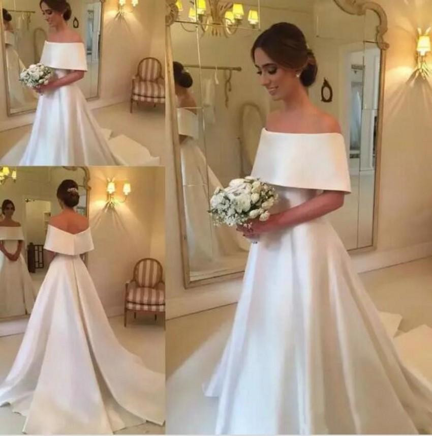 Off-the-shoulder A-Line Satin Wedding Dresses 2019 New Simple Style Vestido De Novia Sweep Train Custom Ivory Country Bridal Gowns W209