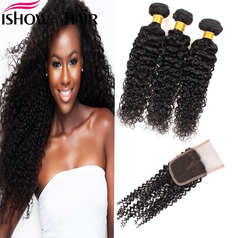 Livraison Gratuite Good8A Indien Brésilien Vierge Cheveux Vierges Crépus Bouclés 3 Pcs Avec Dentelle Fermeture Non Transformés Extension de Cheve