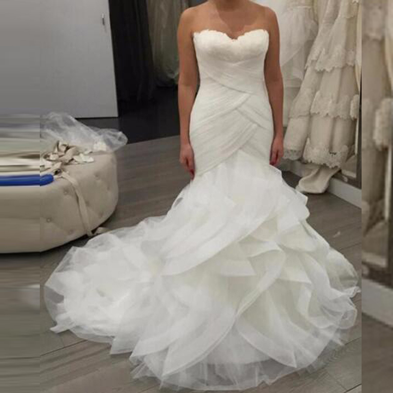 

Stunning Mermaid Wedding Dresses Sweetheart Sleeveless Ruched Top Ruffles Skirt Organza Tulle Trumpet Bridal Gowns Sweep Train Zipper Back, Ivory