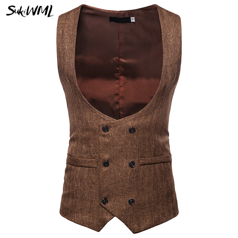

SUKIWML Mens Suit Vest 2018 New Fashion Men Formal Sleeveless Vest Slim Fit Double Breasted Waistcoat High Quality Vests For Men, White