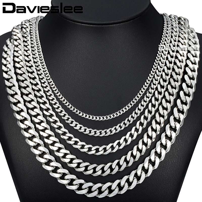 

Davieslee 60cm Mens Chain Silver Color Stainless Steel Necklace for Men Curb Cuban Link Hip Hop Jewelry 3/5/7/9/11mm DLKNM07