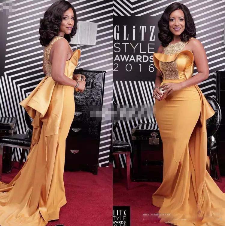 Mermaid Evening Dresses Yellow Crystal Beaded Scoop Neck Satin Plus Size Celebrity Dresses Formal Prom Gowns