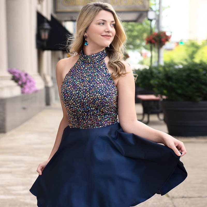 Navy Blue Crystal Short Homecoming Dresses High Neck Satin Knee Length Plus Size Prom Dresses Elegant Party Dresses