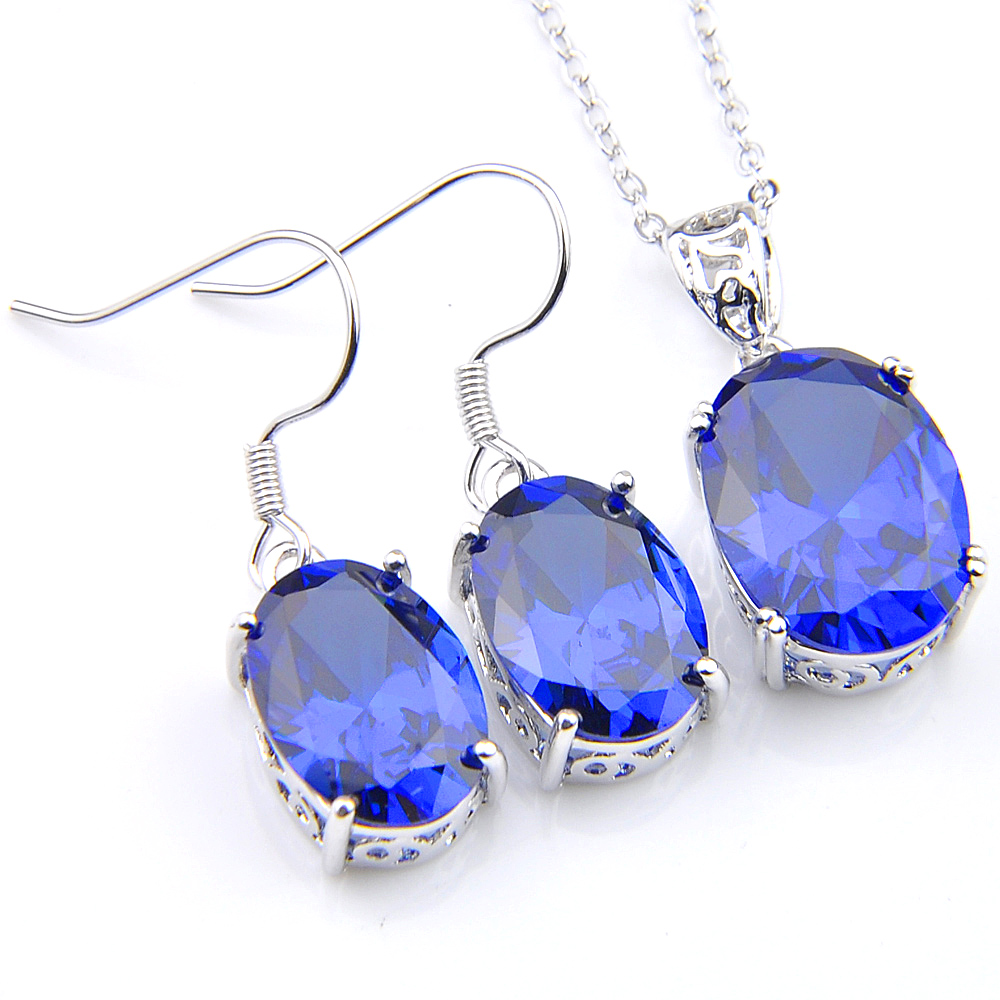 

LuckyShine 5 Sets Crystal Zircon Ellipse Blue Topaz Earrings and Pendant Chain Necklace 925 Silver Women Fashion Wedding Sets FREE SHIPPING!, Dark blue