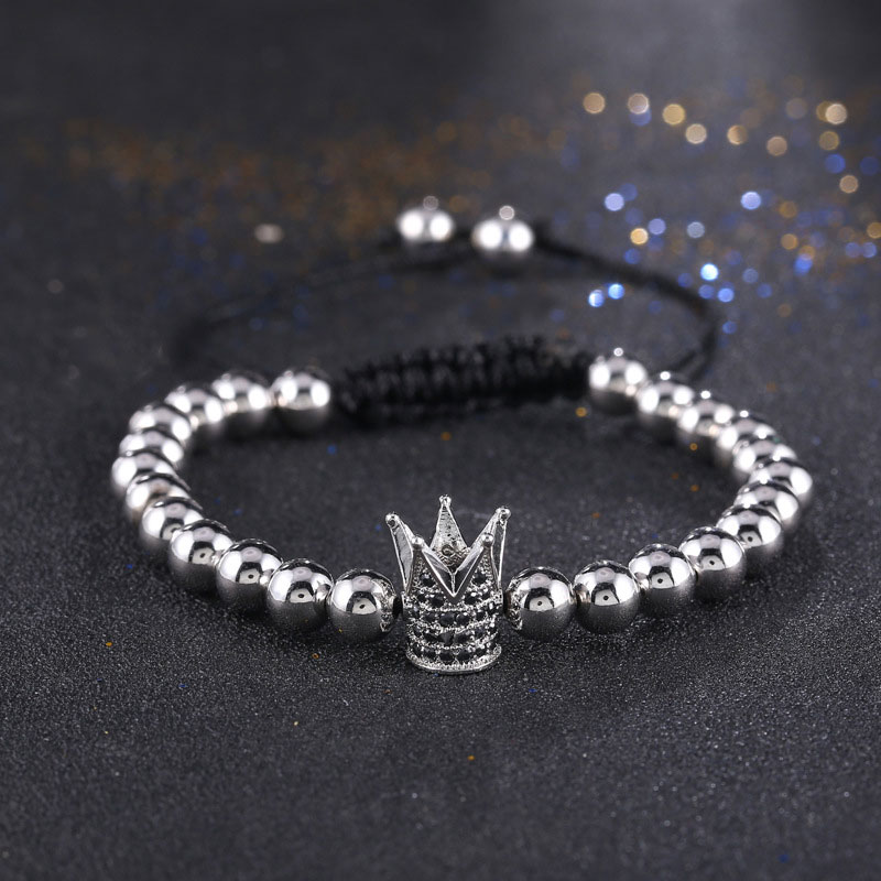 

New Fashion Men Women Micro Pave CZ Cubic Zircon Crown Bracelets Jewelry Round Beads Braided Charm Bracelet