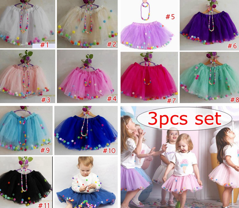 3pcs ensemble fille tulle jupes moelleux bébé tutu jupe arc-en-pom poms pettiskirt collier bracelet ballet tutu jupe filles robe de soirée d'anni