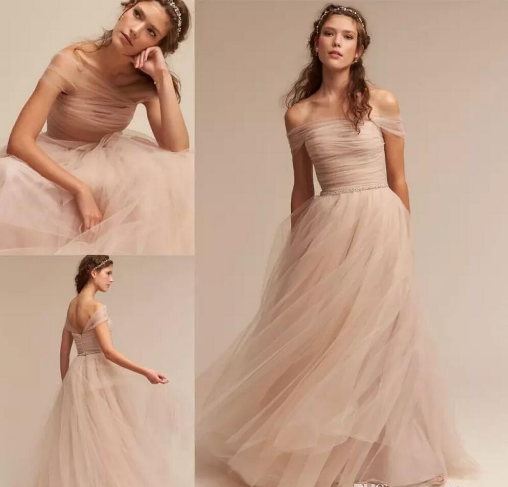 

Bohemian 2020 Simple Nude Tulle Beach Wedding Dresses Off The Shoulder Elegant Boho Garden Bridal Gowns Custom Vestidos De Novia Zipper Back, Ivory