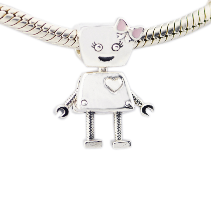 2018 Spring New 925 Sterling Silver Bella Robot Charm Pink Enamel Bead Fits Pandora Bracelet DIY for Women Jewelry Accessories-image-411661600