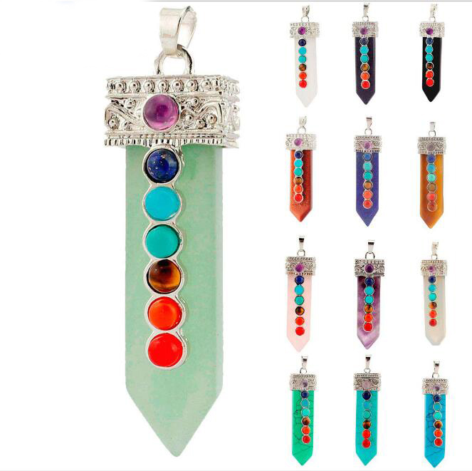 

JLN Seven Chakra Sword Pendant Carved Sword Point Reiki Yoga Healing Amulet Energy Stone Necklace With 18 Inches Brass Chain