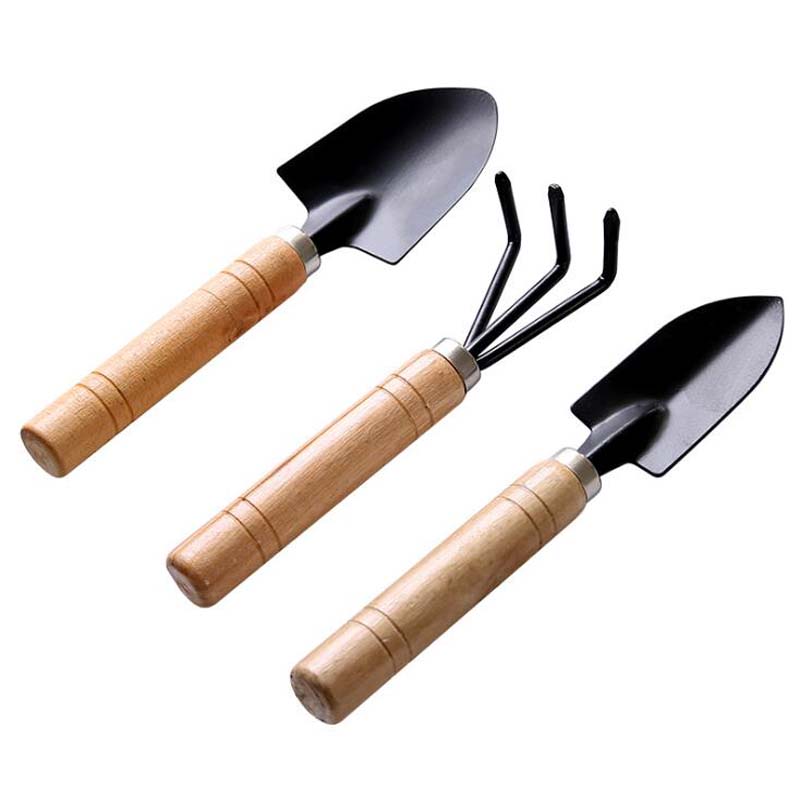 pour petite plante en pot Mini Gadget Toy fleur petite pelle pelle GRT Petite plante dans le jardin Mini Gadget en bois trois pi/èces ensemble r/âteau de fer