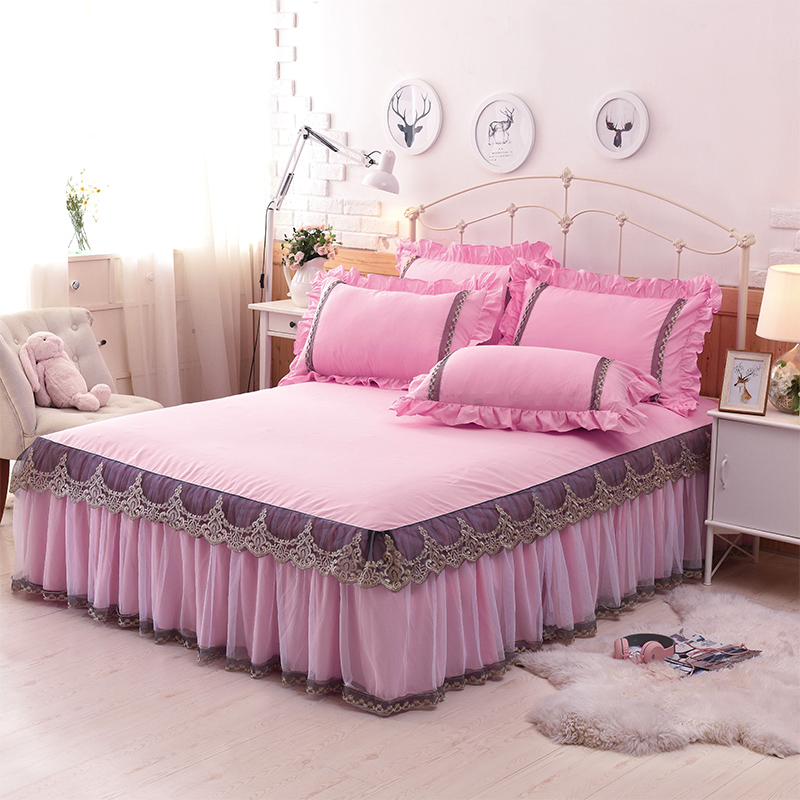 

1/3Pcs 100%Coon Lace King/Queen/Full size Bed skirt Pink/Blue Princess Bedspread Bedsheet Pillowcase Home Decorative
