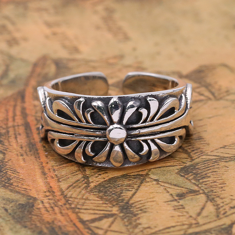 

2018 new 925 sterling silver vintage American jewelry brand antique silver hand-made designer crosses flower open adjustable rings