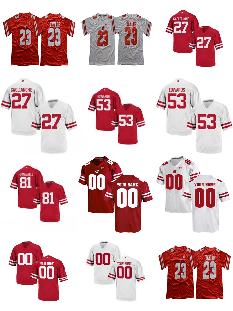 

Wisconsin Badgers College Football Jerseys 27 Rafael Gaglianone 81 Troy Fumagalli 53 T. J. Edwards Red White Stitched Mens size S-3XL, 2015 red