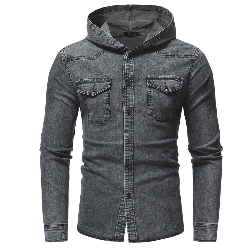 

Men'S Shirts Men'S Jeans Shirt Hooded Pocekt Grey Social Shirt Single Breasted Blusa De Frio Masculina satin NZ672, Gray