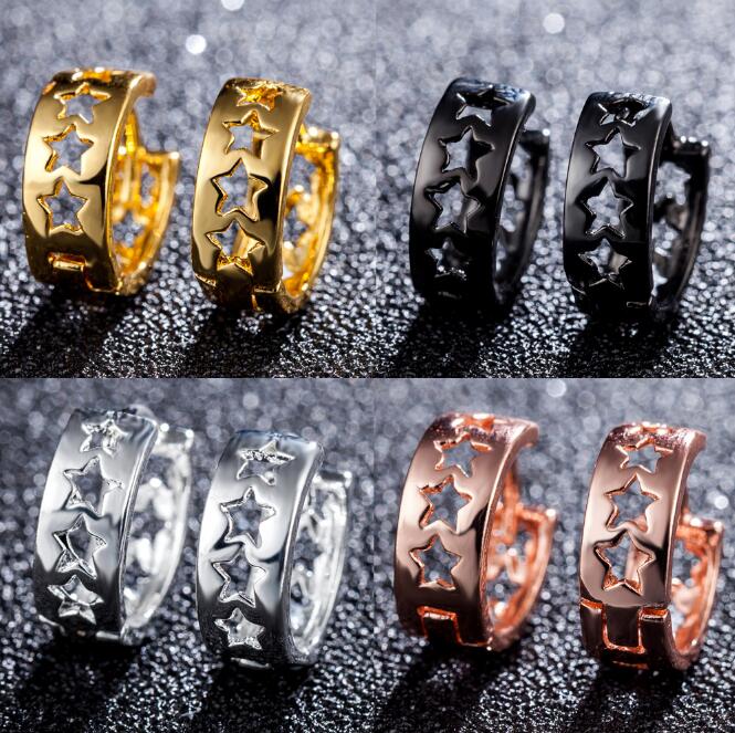 

2018 Hot sales girls woman Earrings Gold silvery black Rose Gold Hollow Stars Earrings Ear buckle 4 color selection