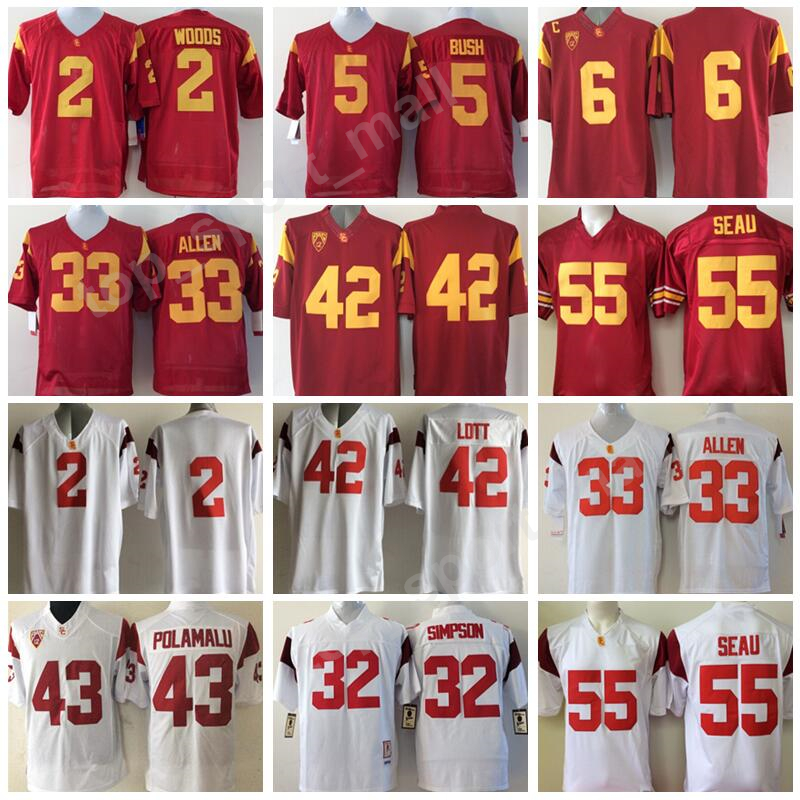 

Men Football 5 Reggie Bush Jersey USC Trojans College 42 Ronnie Lott 2 Robert Woods 6 Mark Sanchez 55 Junior Seau Marcus Allen, 42 white