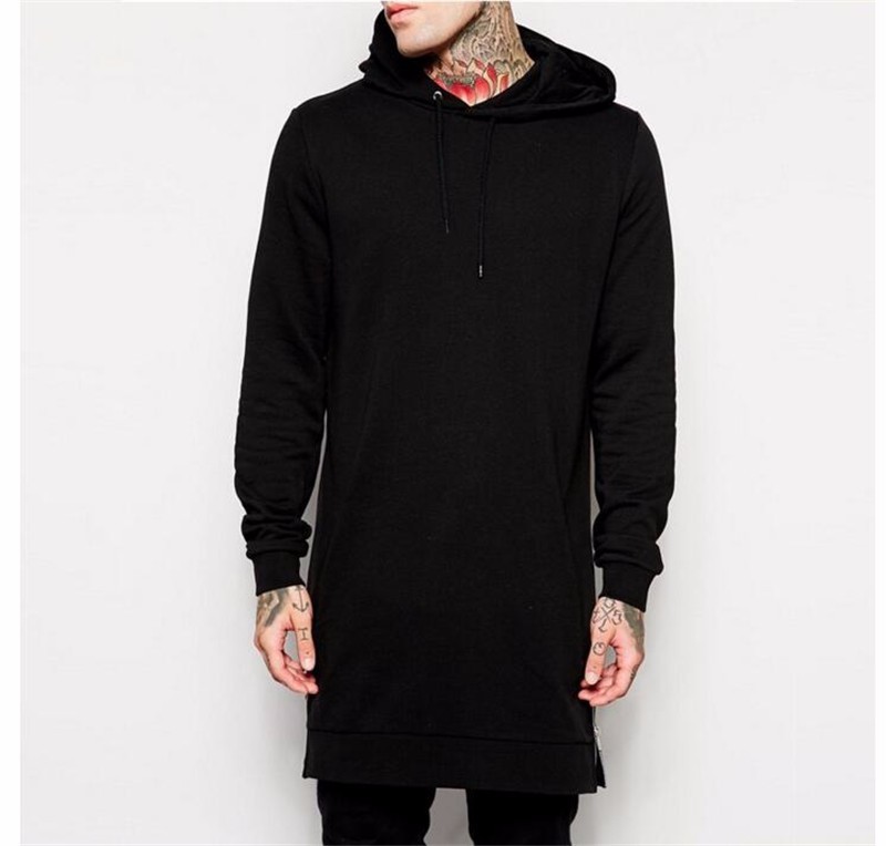 Nouvelle Arrivée Livraison Gratuite Mode Hommes Long Noir Hoodies Sweats Feece Avec Side Zip Palangre Hip Hop Streetwear Chemise