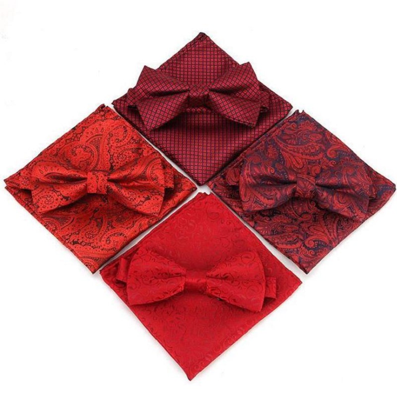 

Paisley bow tie handkerchief set polyester wedding bowknot hanky set for men business cashew party butterfly pocket square red 2sets/lot