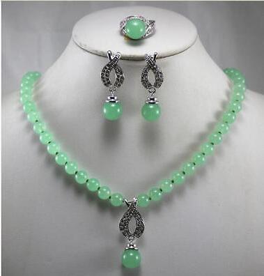 Beautiful Jewelry 8MM Green Jade Pendant Necklace Earring Ring Set-image-423111748