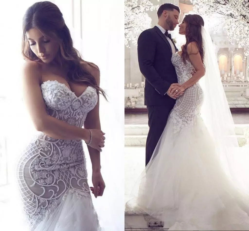 

Sexy 2019 Arabic Plus Size Mermaid Wedding Dresses Sweetheart Beaded Lace Appliques Pearls Tulle Illusion Backless Court Train Bridal Gowns, Pink