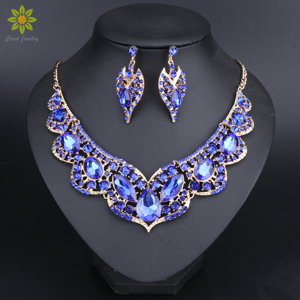 Carol Jewelry Dubai Wedding Gold Plated Jewelry Sets Rhinestone Crystal Statement Bridal Necklace Earrings Sets for Women-image-418028366
