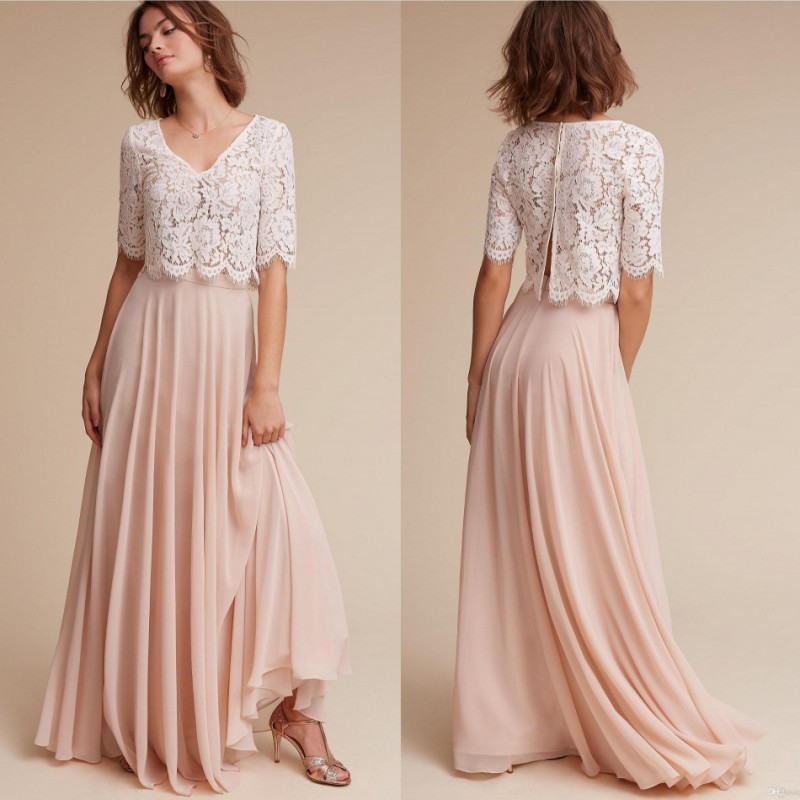 

BHLDN Two Pieces Plus Size Bridesmaid Dresses Blush Maid Of Honor Gowns Lace Wedding Guest Dress With Sleeves