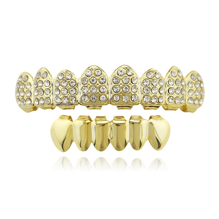 hip hop grillz real gold plated dental grills rapper body jewelry Halloween accessories party toy diamonds upper teeth smooth lower teeth