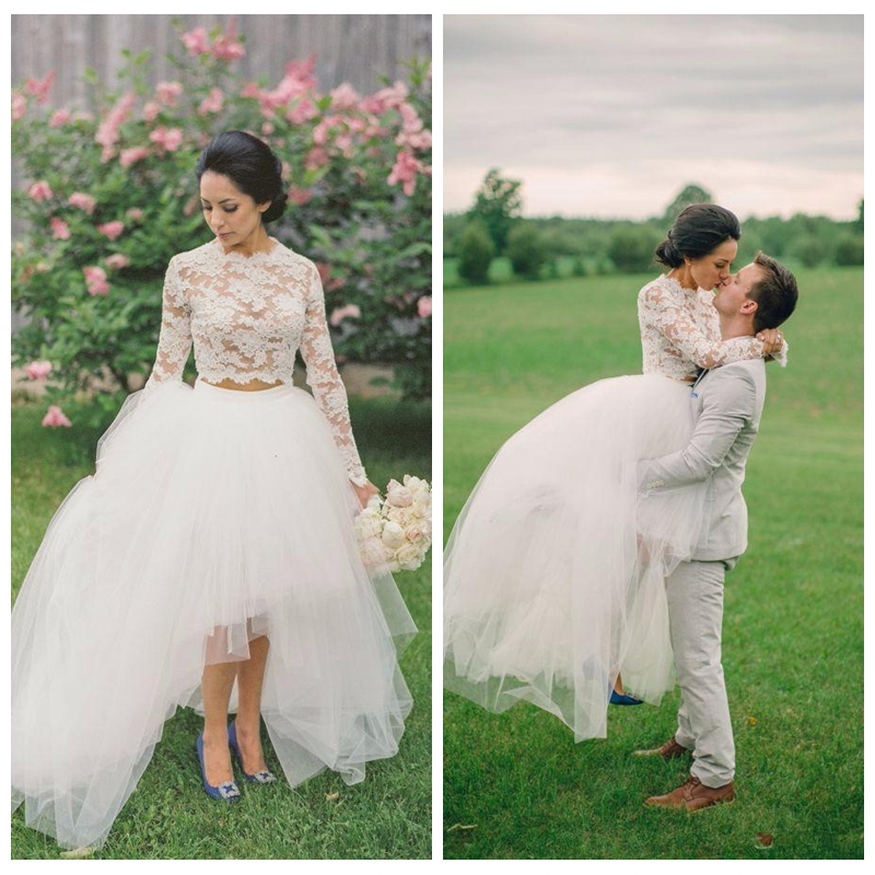 2021 Vintage Cheap High Low Lace Wedding Dresses Long Sleeves Bridal Gowns Spring Two Piece Lace Top Garden Vestidos De Mariage Formal