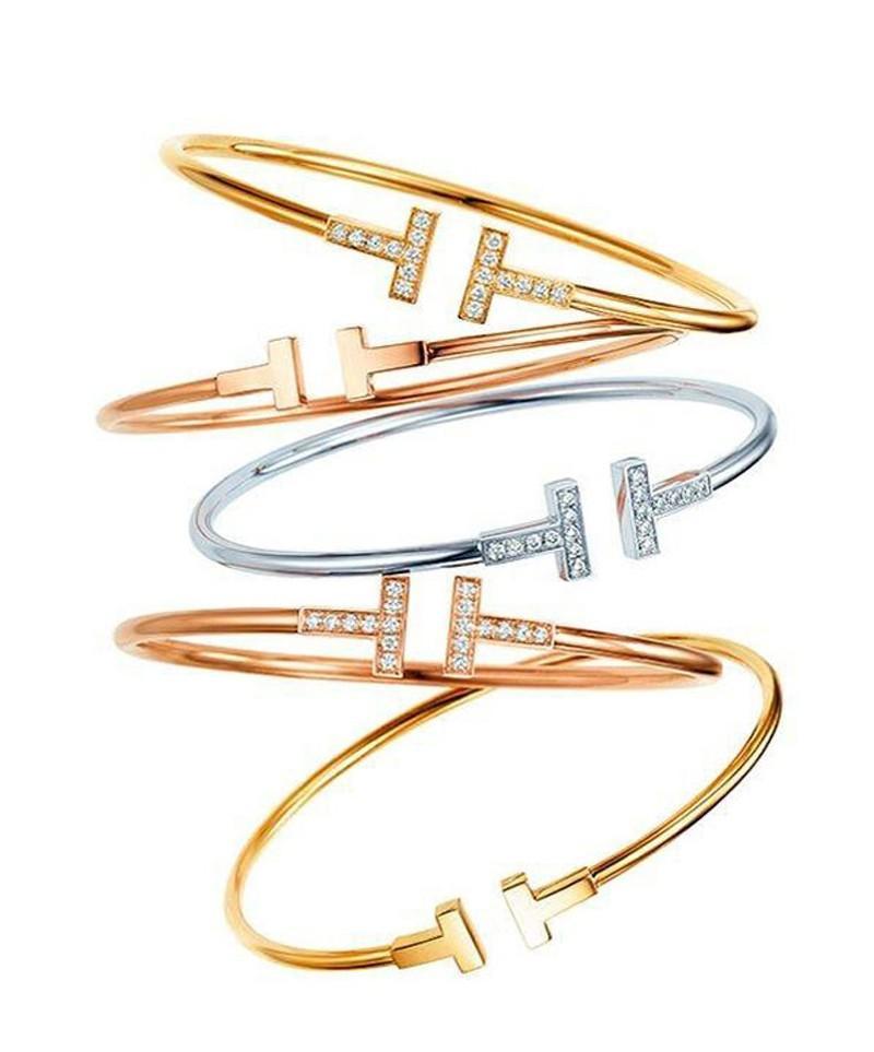 

Top Quality Titanium Steel Double T Rose Gold Silver Diamond Luxury Designer Jewelry Women Bracelets Bangle Men Bracelets254v