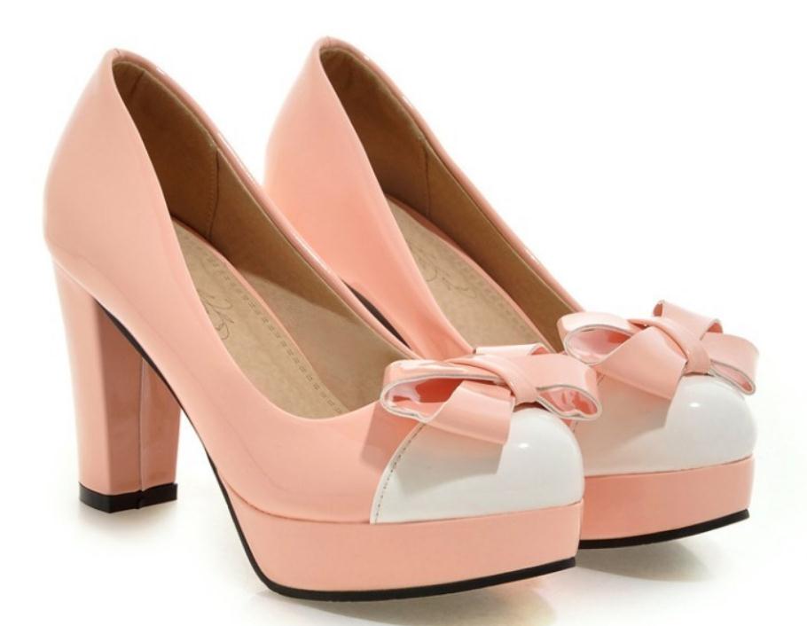 

Free send 2018 new style bowknot with Coarse heel high heel waterproof table round head Shallow mouth princess women's shoes, Teal
