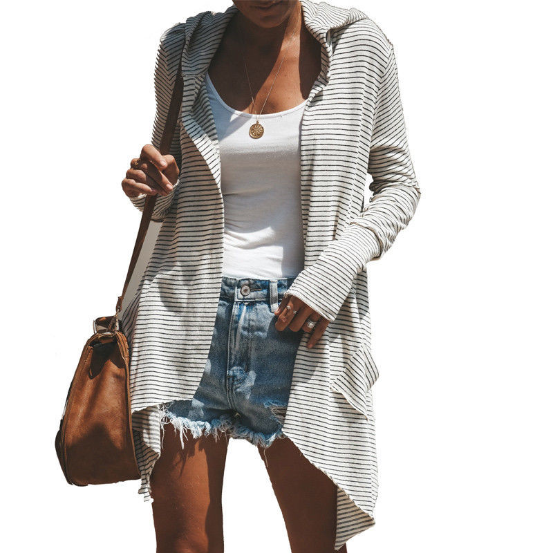 Fashion Women's Slim Long Causal Striped Long Sleeve Coat Cotton Blend Jacket Windbreaker Parka Outwear Cardigan Autumn Clothes