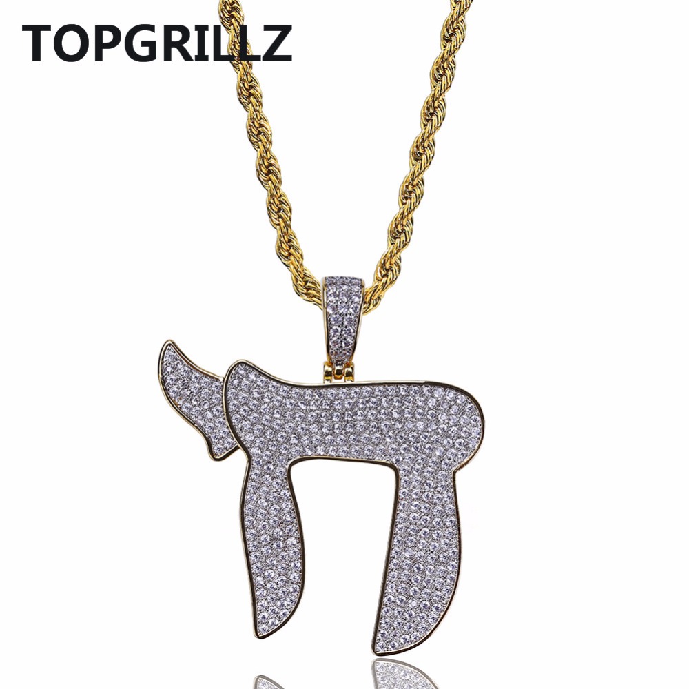 TOPGRILLZ couleur or plaqué glacé Micro pavé CZ pierre symbole juif Chai pendentif à breloques collier Hip Hop pour hommes femmes