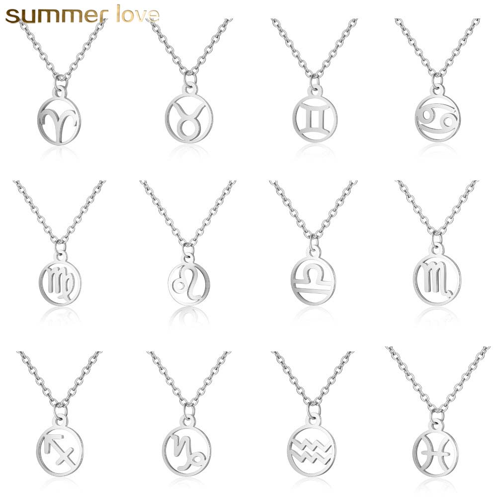 

High Quality Stainless Steel 12 Zodiac Constellation Adjustable Chain Necklace for Women Round Shape Steel Color Trendy Jewelry Gift
