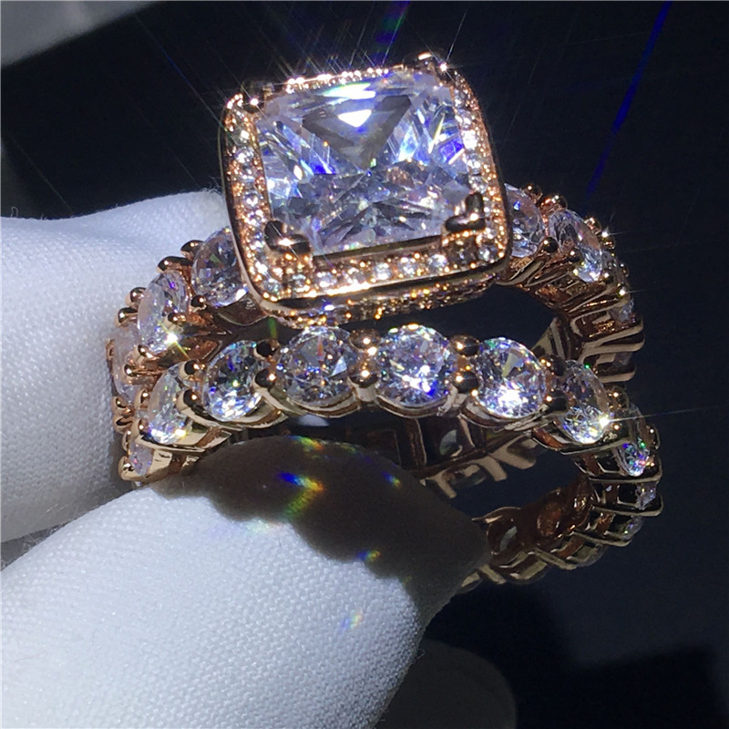 

2018 Vintage ring set Rose Gold Filled 925 silver 5A Cz Stone Engagement wedding band ring for women Bridal Jewelry