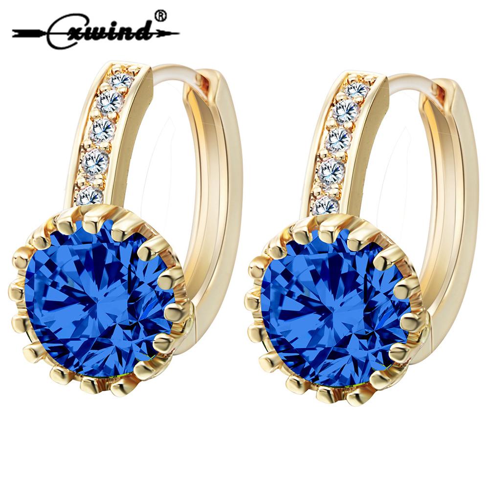 

Cxwind Gold Blue Crystal Earrings Fashion Wedding Jewelry Colorful Women's 10KT CZ Zircon Baby Piercing Hoop Earrings Bijoux