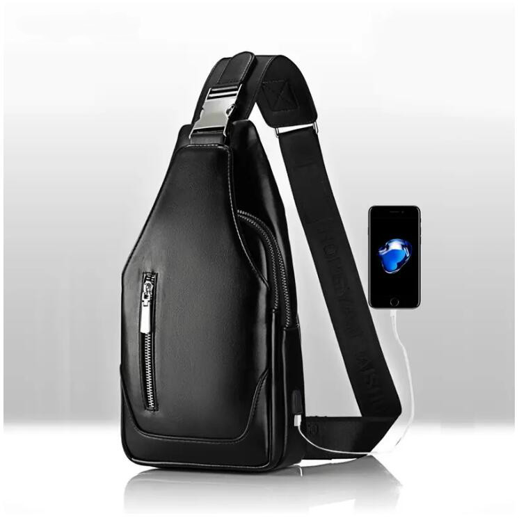 

Men Messenger Designer PU Leather Small Chest Bag Men&Female Sling Messenger bag Fashion Travel Crossbody USB charging, Black