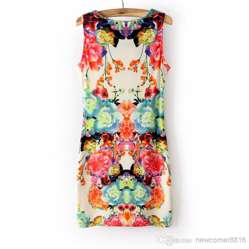 

Free Shipping New Fashion Symmetry Circulating Doodle Flower Women' Print Party Mini Casual Dress Tank Slim Chiffon Dress Size  M L, Red