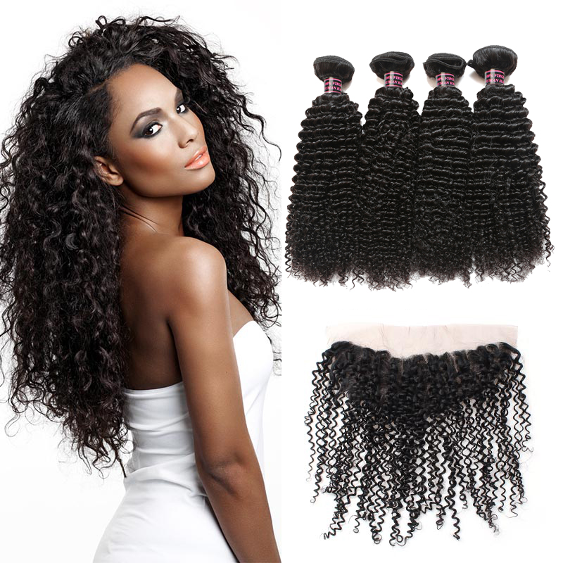 

Brazilian Kinky Curly Wave With Frontal Peruvian Hair 4 Bundles With 13*4 Lace Frontal Malaysian Human Hair Bundles with Closure, Natural color