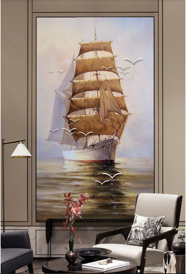 

3d wallpaper custom photo European-style hand-painted oil painting, smooth sailing, sailing boat, porch muals wall paper for walls 3 d, Sky blue