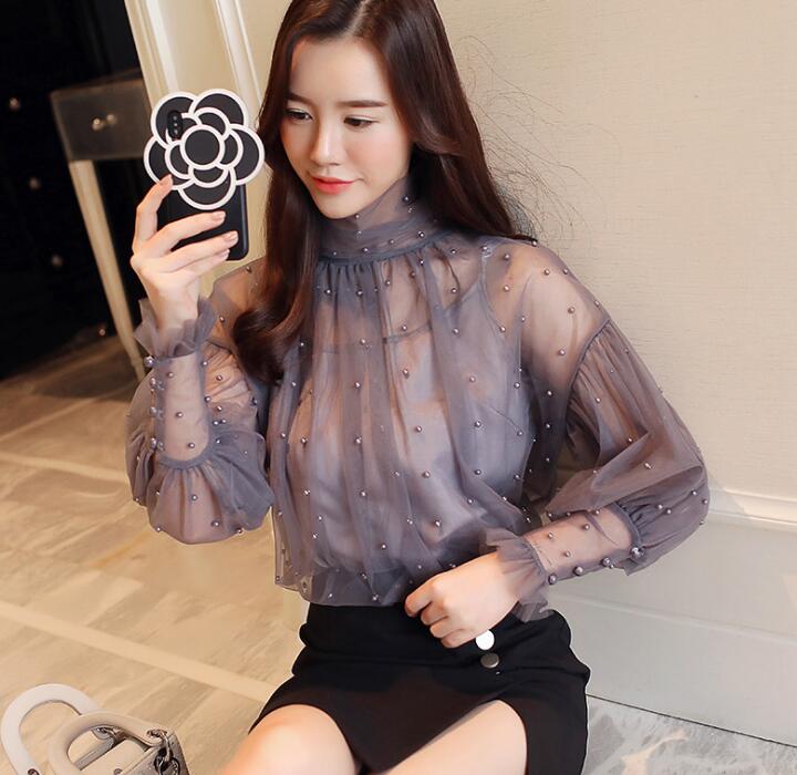 

Spring Women' Lace Blouse Long Sleeve Beaded Elegant Transparent Tops Lady' Casual Shirt Blouses Gray Apricot C3246