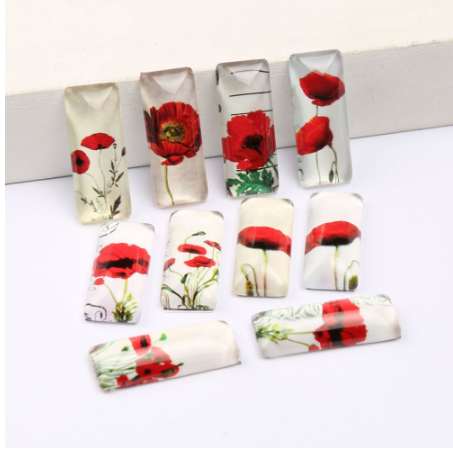

reidgaller 20pcs rectangle 10x25mm mixed poppy flower photo round dome glass cabochons diy handmade jewelry accessories